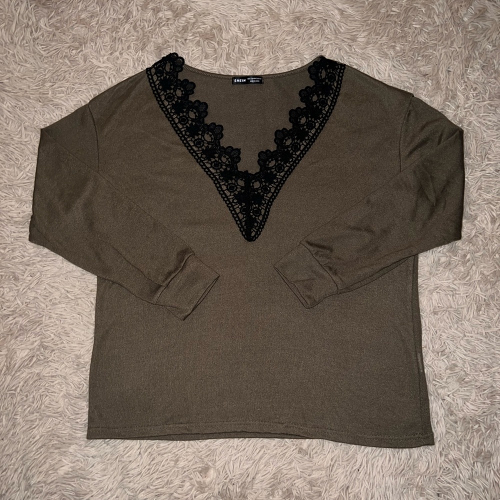 Olive Green Lace V Neck Light Weight Sweater